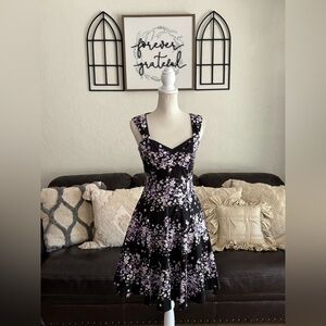 White House Black Market Black Floral Print Fit Casual Dress Boho Chic Size 0